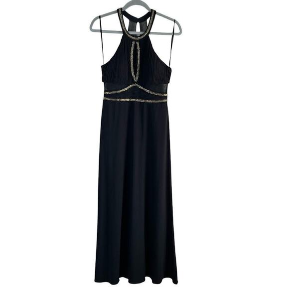 Betsy‎ & Adam Halter Neck Beaded Black Formal Gown Maxi Dress Mesh Panels, Sz 8 - Picture 1 of 11